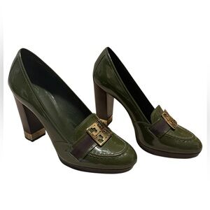 Tory Burch Olive Green Patent Leather Heeled Loafer Size 9.5